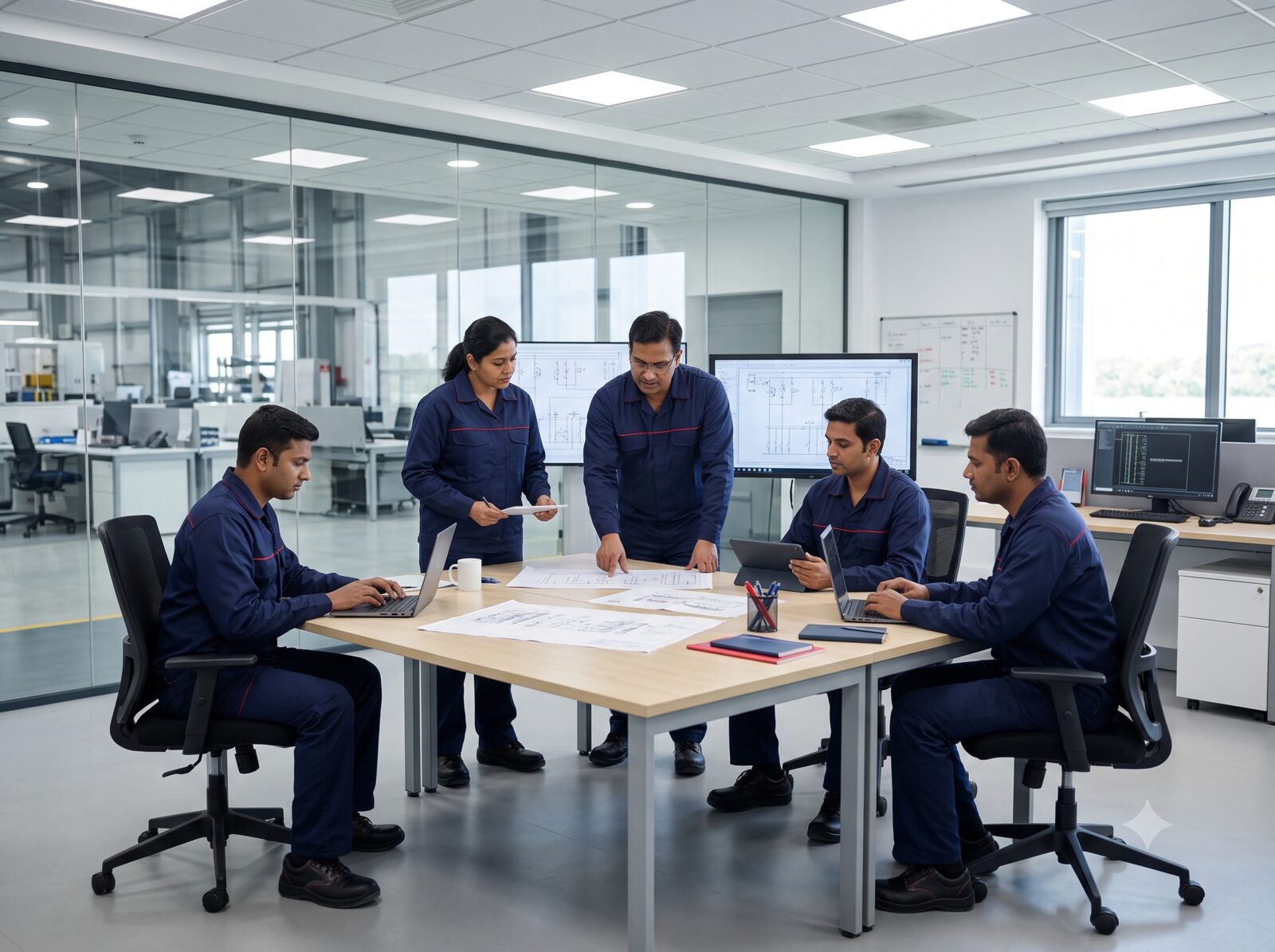 Rise Engineering design team reviewing electrical schematics in a meeting room