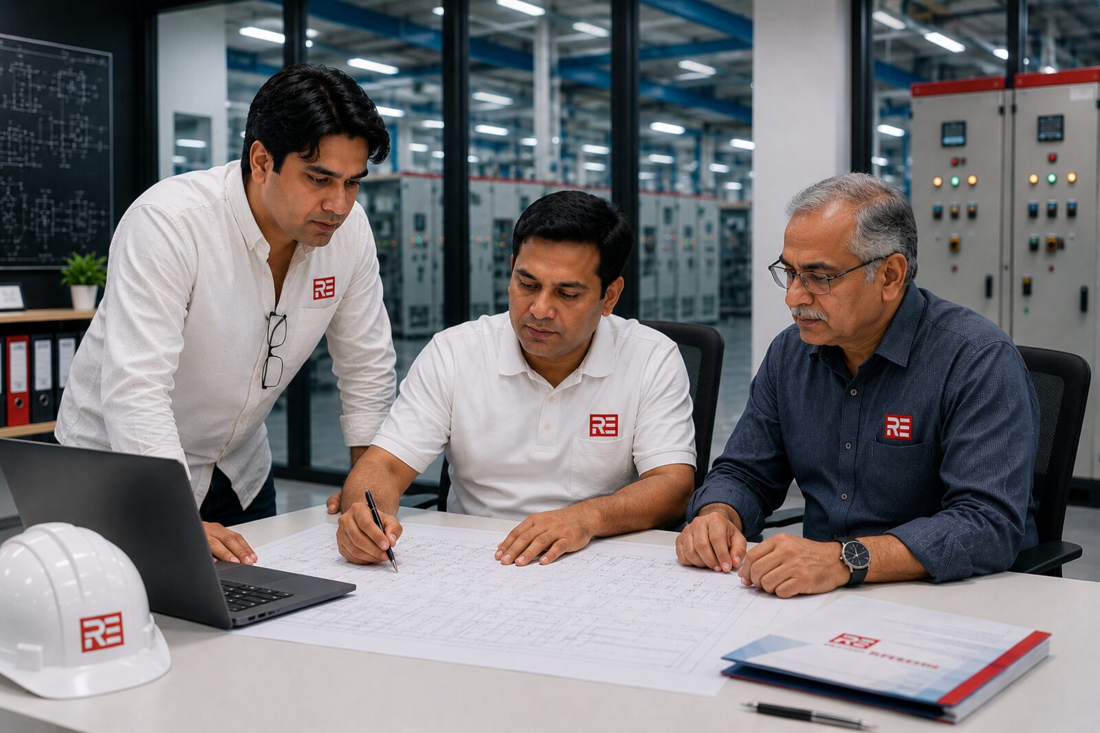 Rise Engineering team of engineers reviewing a technical schematic on the factory floor