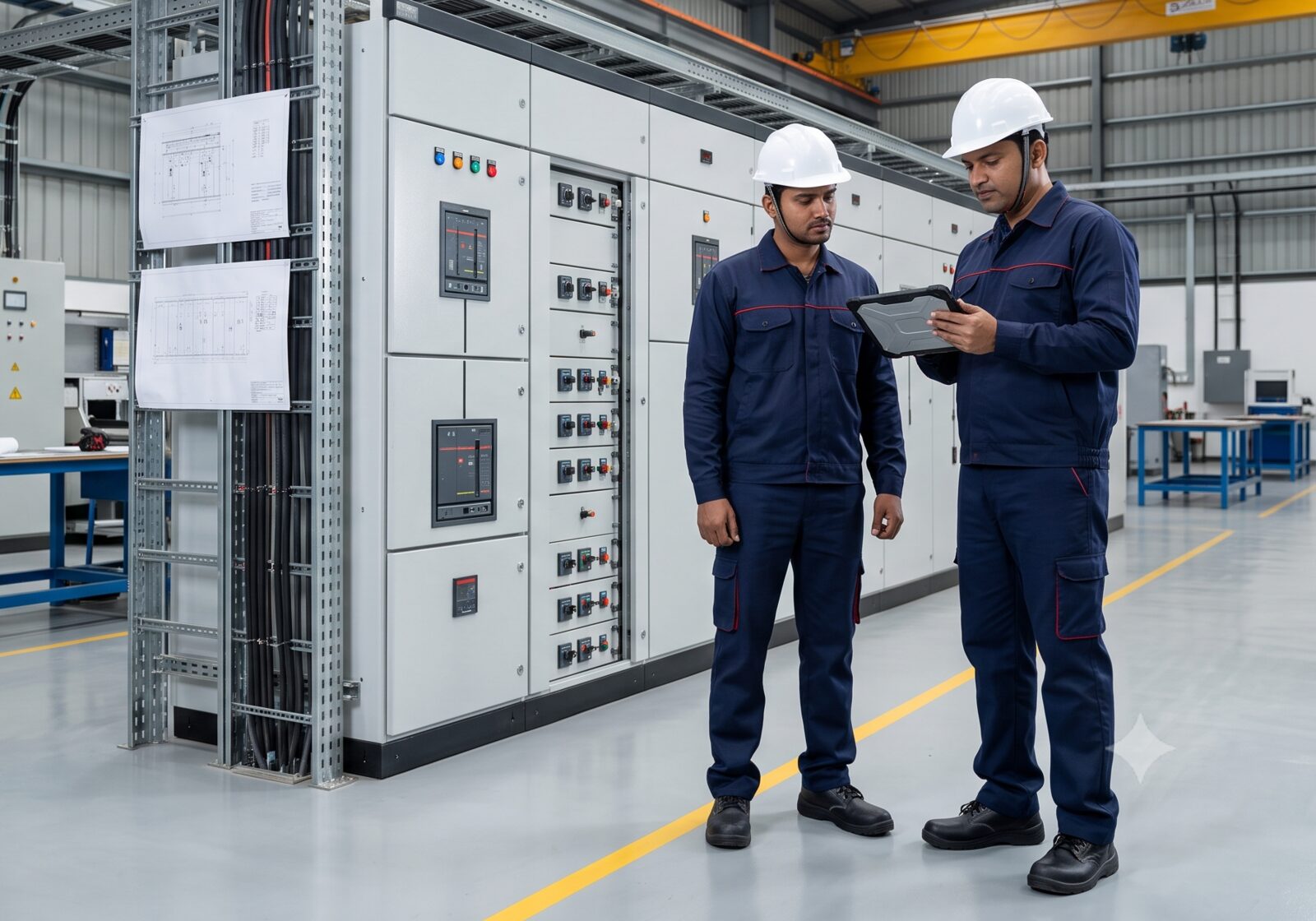 Rise Engineering technicians inspecting a switchgear panel with a tablet on the factory floor