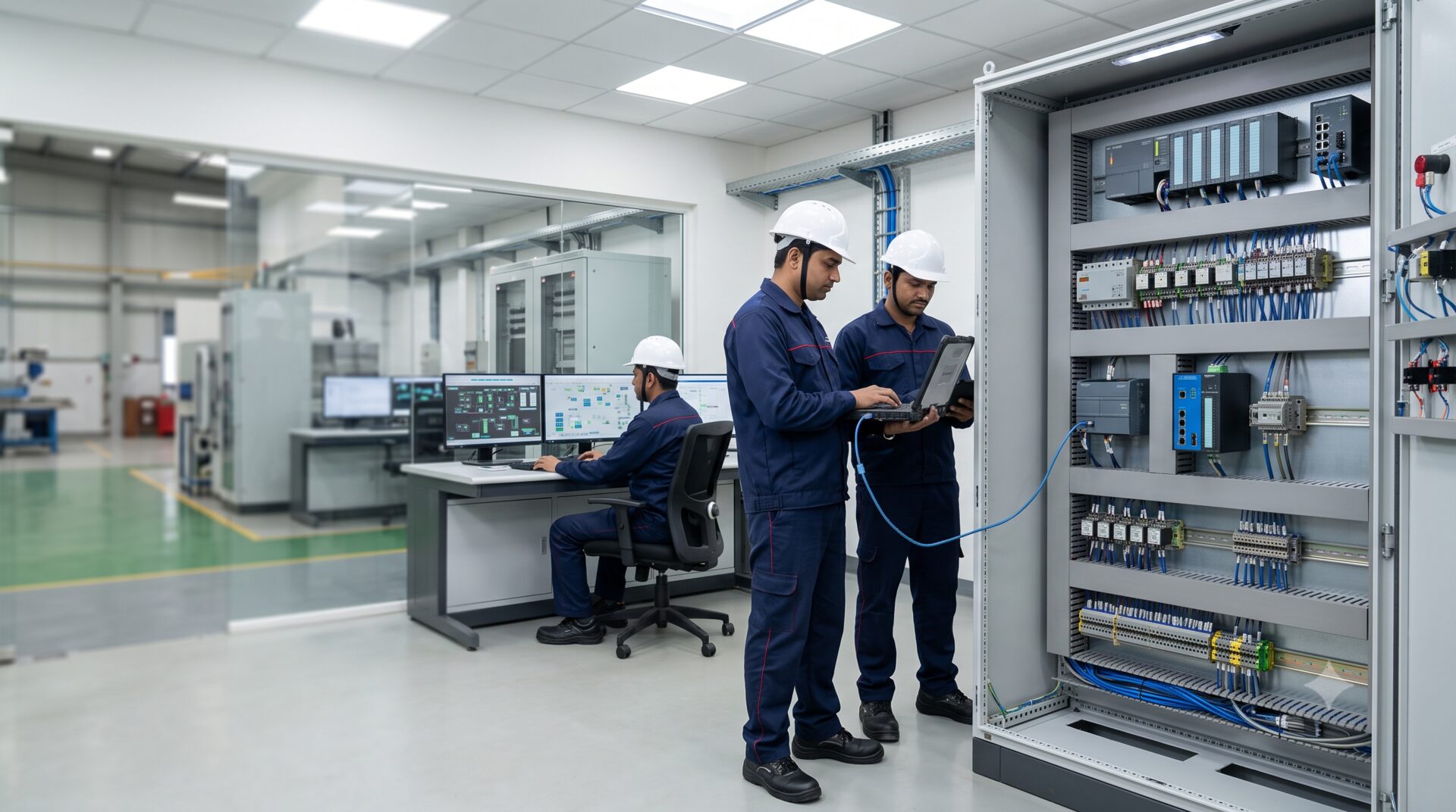 Engineers reviewing a PLC panel with a laptop