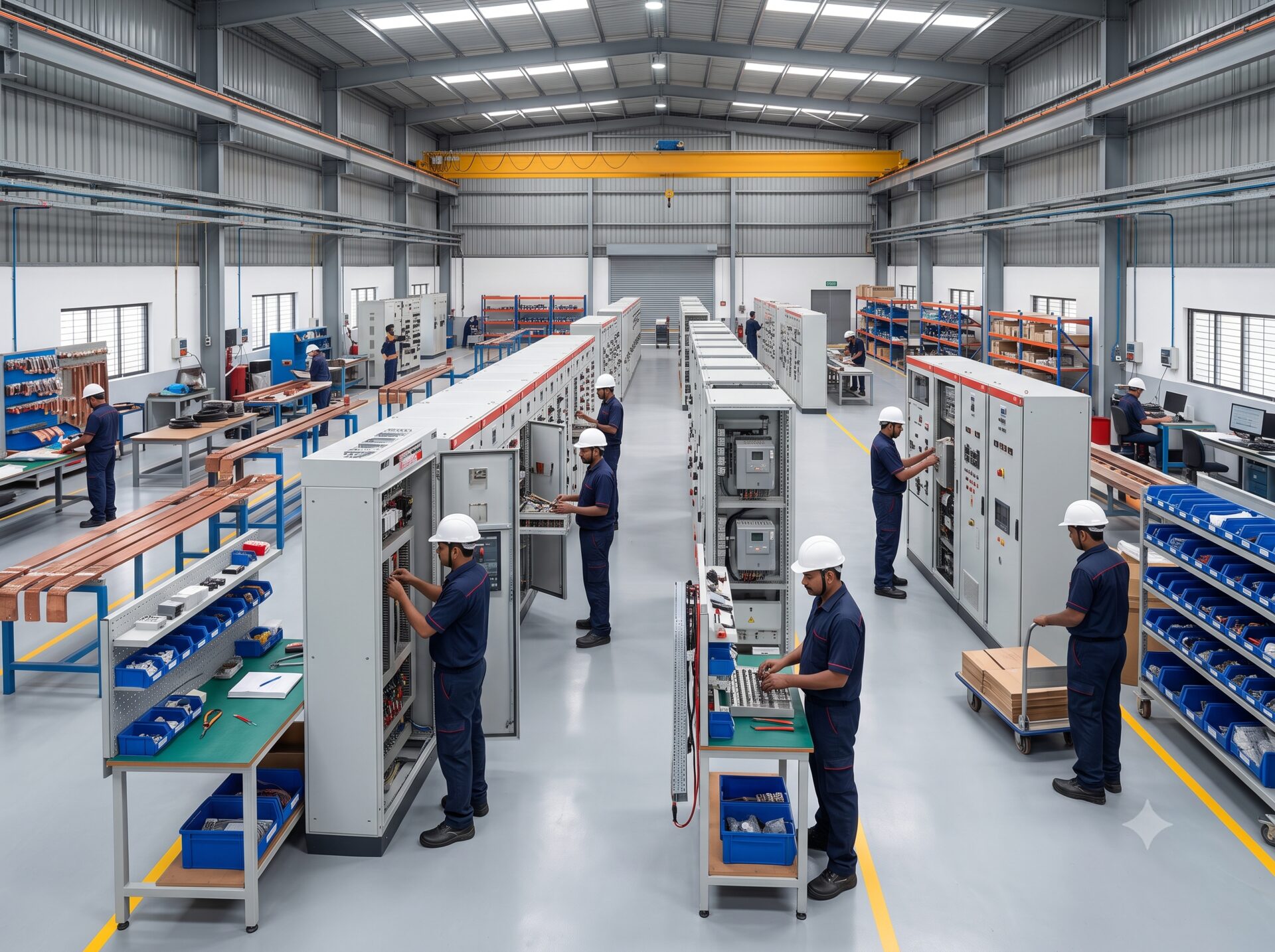 Panel manufacturing floor with engineers at work