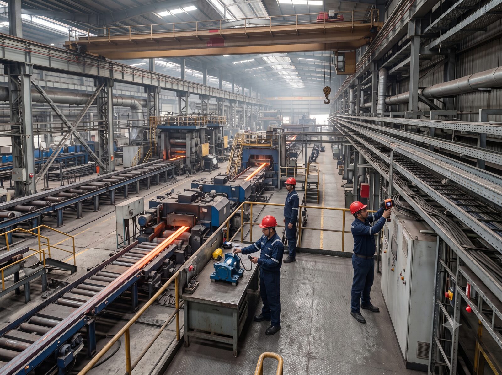 Technicians working on a hot rolling line at a steel processing facility
