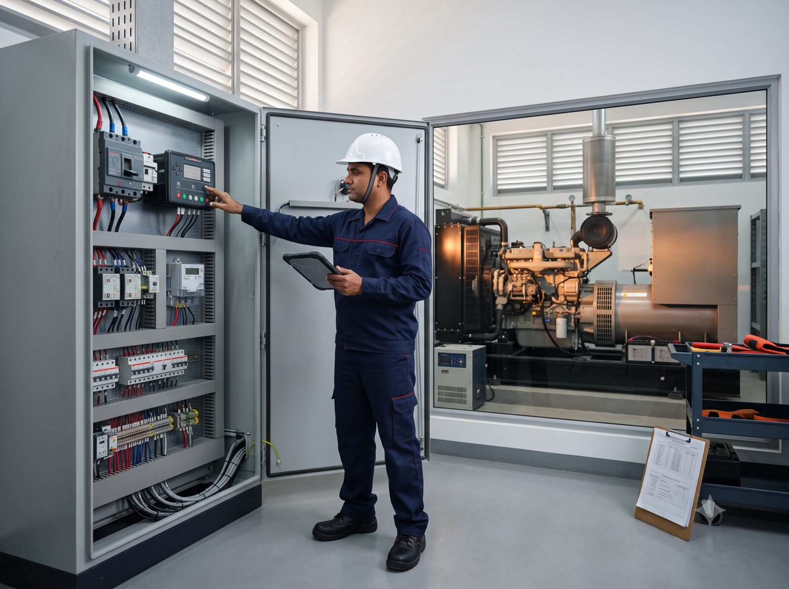 Technician inspecting an AMF panel next to a DG set