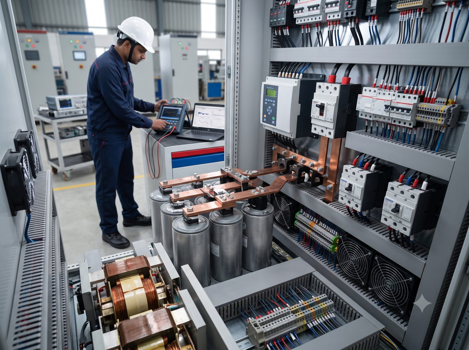 Technician inspecting an APFC panel with capacitor banks