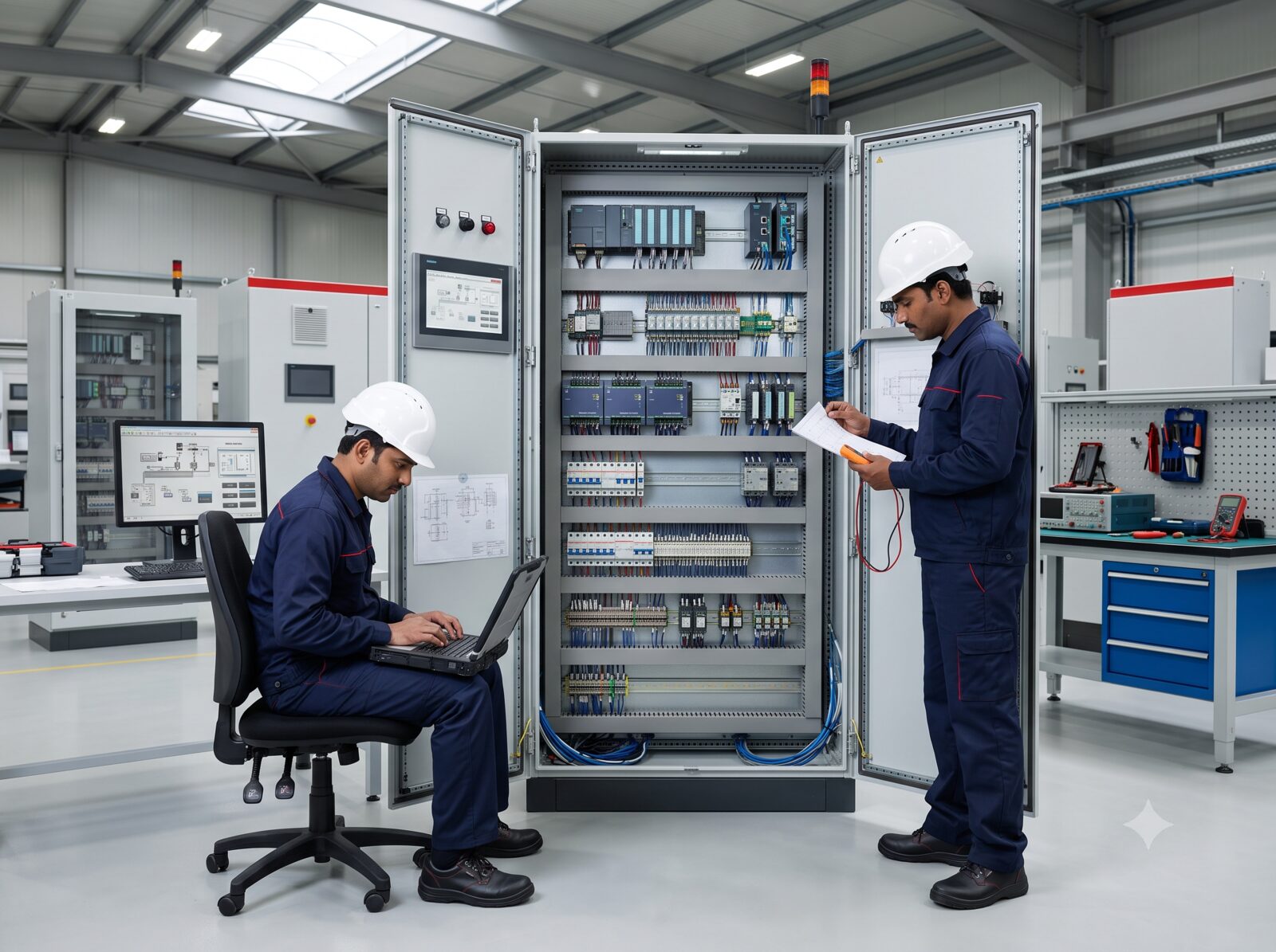 Engineers commissioning a PLC-integrated PCC panel