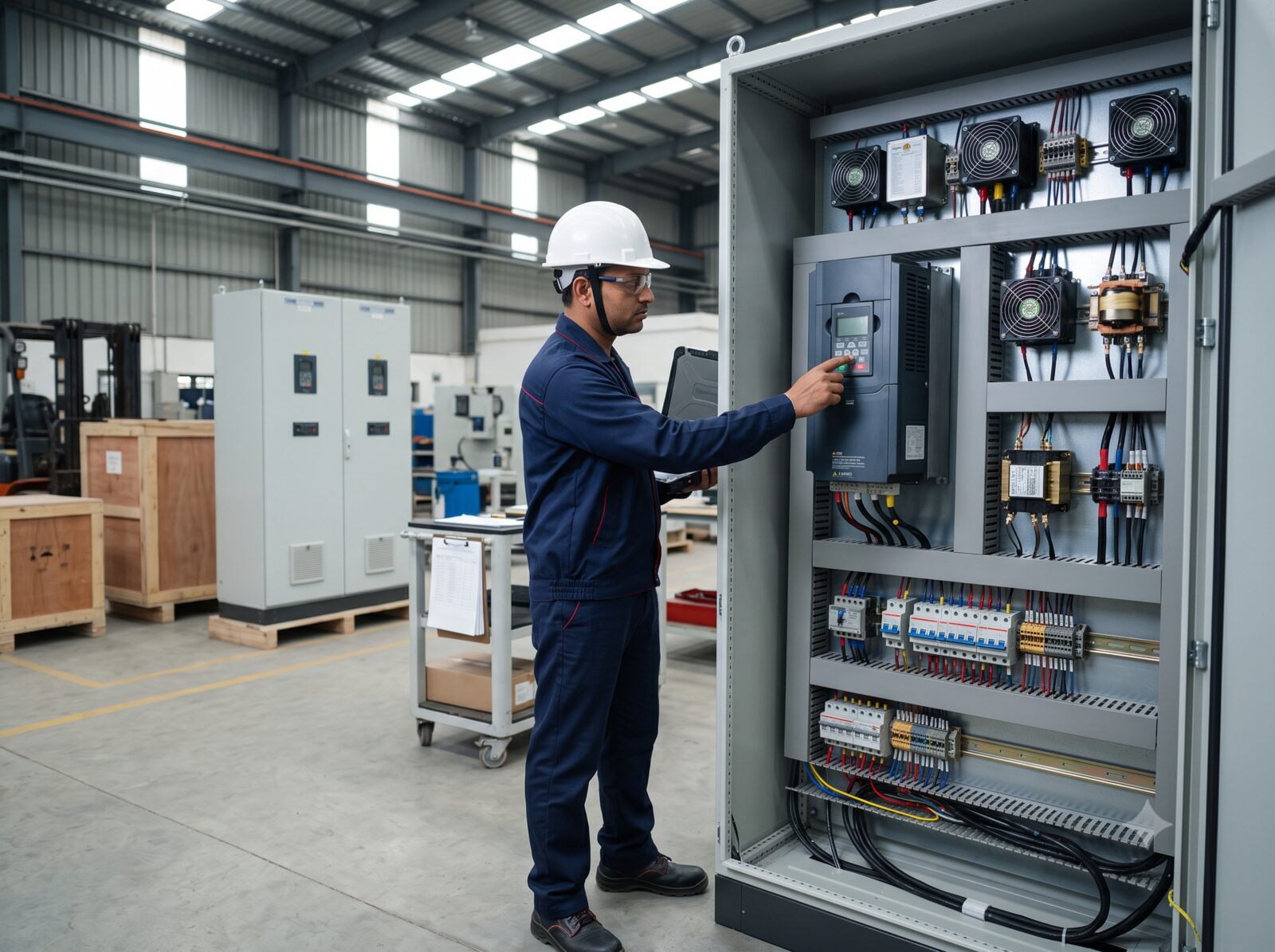 Technician adjusting a VFD drive panel