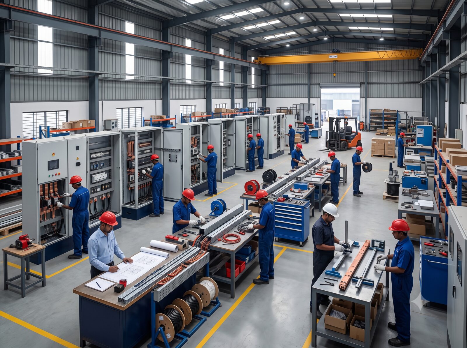 Busy panel fabrication floor with engineers assembling switchgear