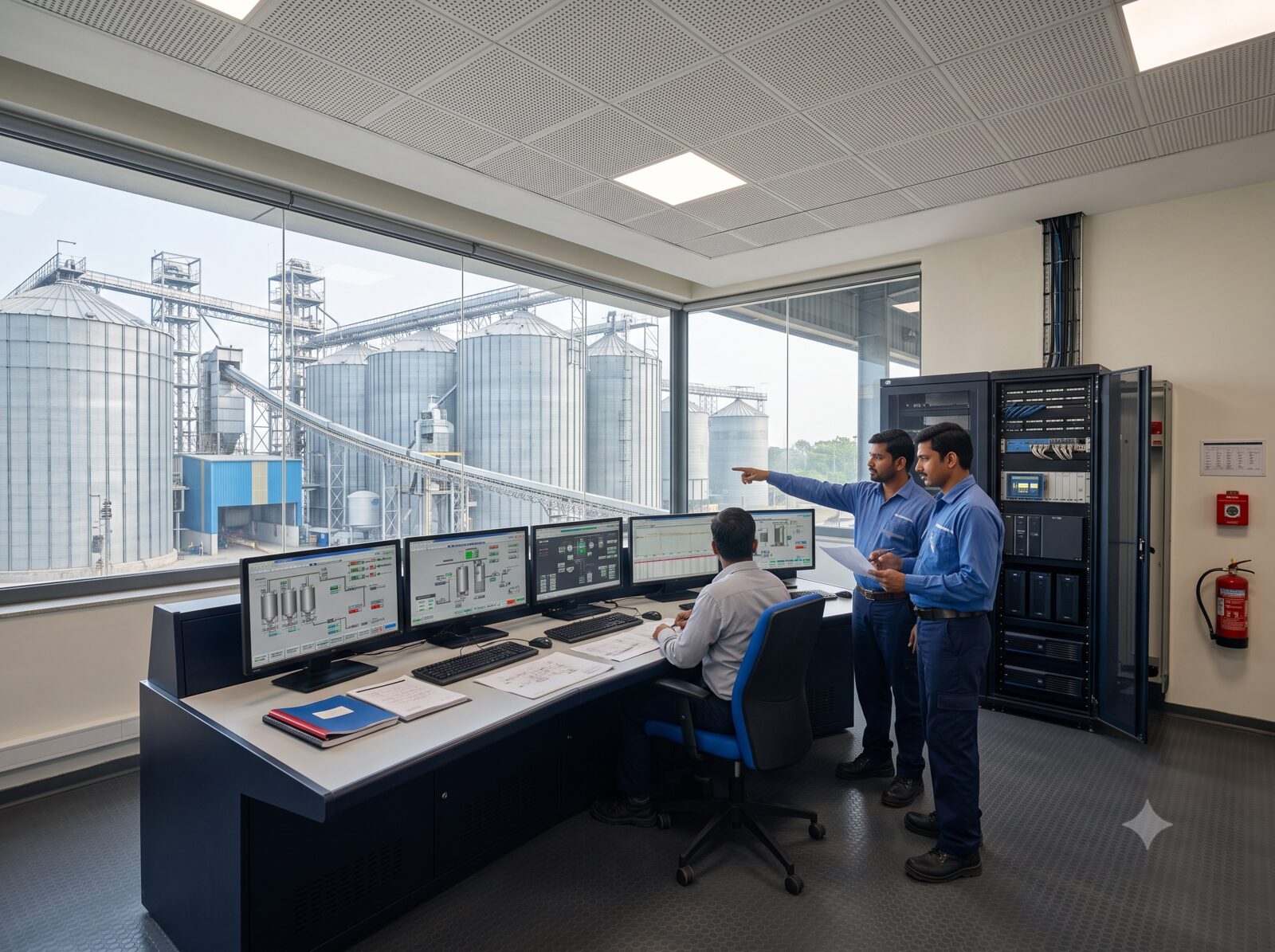 Engineers reviewing SCADA control room monitors with a grain storage facility visible outside