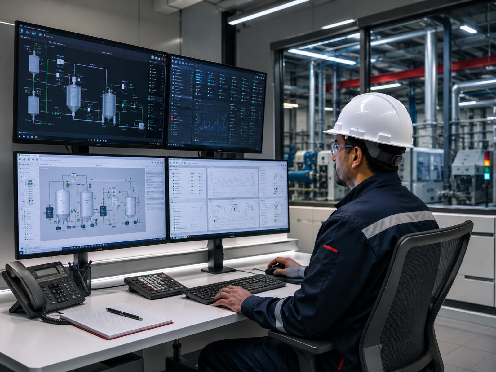 Control room engineer monitoring SCADA dashboards