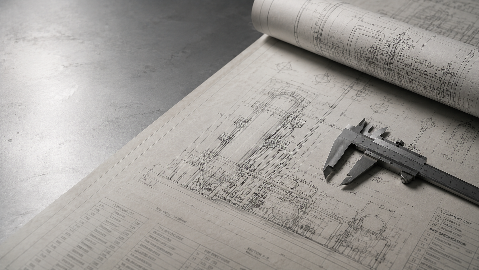 Engineering blueprints and steel calipers